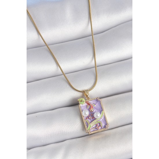 316L Çelik Gold Renk Zincir Mor Mineli İncili Çiçek İşlemeli Portre Model Kadın Kolye - TJ-BKO10192