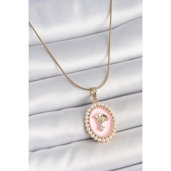 316L Çelik Gold Renk Zincir Pembe Mineli İncli Zirkon Taşlı Çiçek İşlemeli Portre Model Kadın Kolye - TJ-BKO10194