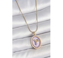 316L Çelik Gold Renk Zincir Mor Mineli İncili Zirkon Taşlı Çiçek İşlemeli Portre Model Kadın Kolye - TJ-BKO10195