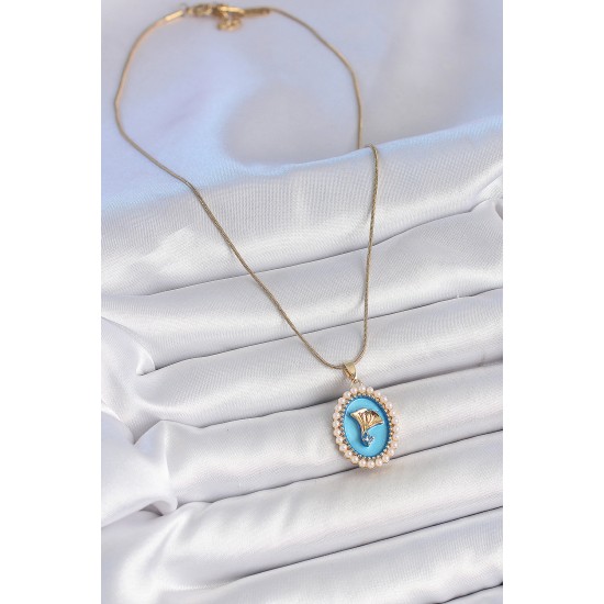 316L Çelik Gold Renk Zincir Mavi Mineli İncili Zirkon Taşlı Çiçek İşlemeli Portre Model Kadın Kolye - TJ-BKO10196
