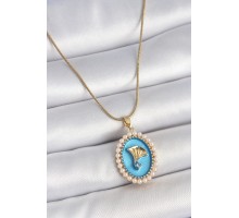 316L Çelik Gold Renk Zincir Mavi Mineli İncili Zirkon Taşlı Çiçek İşlemeli Portre Model Kadın Kolye - TJ-BKO10196