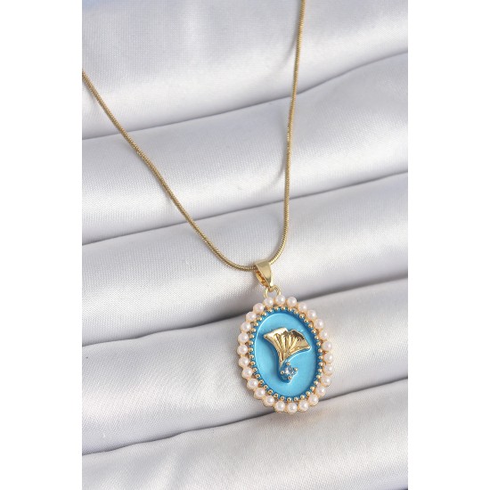 316L Çelik Gold Renk Zincir Mavi Mineli İncili Zirkon Taşlı Çiçek İşlemeli Portre Model Kadın Kolye - TJ-BKO10196