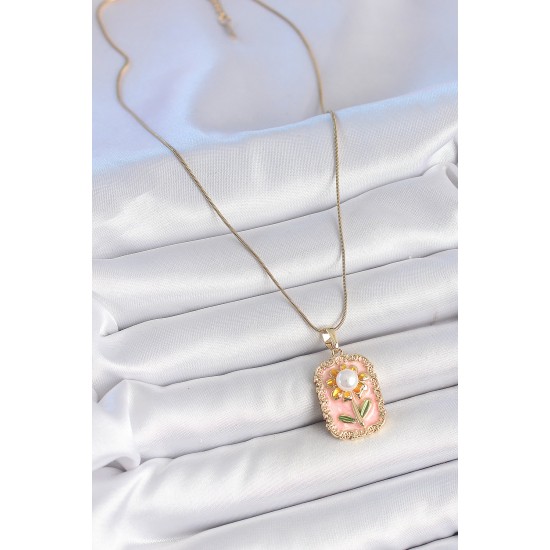 316L Çelik Gold Renk Zincir Pembe Mineli İncli Papatya Model Portre Model Kadın Kolye - TJ-BKO10197
