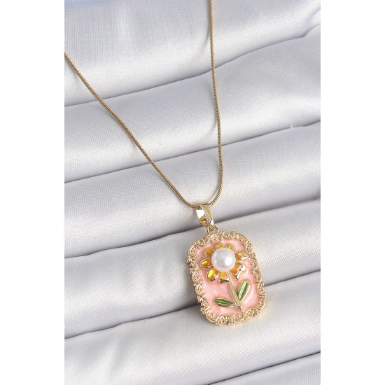 316L Çelik Gold Renk Zincir Pembe Mineli İncli Papatya Model Portre Model Kadın Kolye - TJ-BKO10197