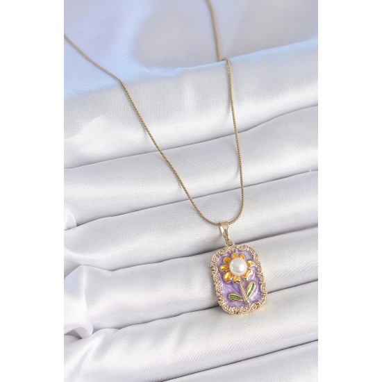316L Çelik Gold Renk Zincir Mor Mineli İncili Papatya İşlemeli Portre Model Kadın Kolye - TJ-BKO10198