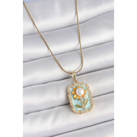 316L Çelik Gold Renk Zincir Mavi Mineli İncili Papatya İşlemeli Portre Model Kadın Kolye - TJ-BKO10199