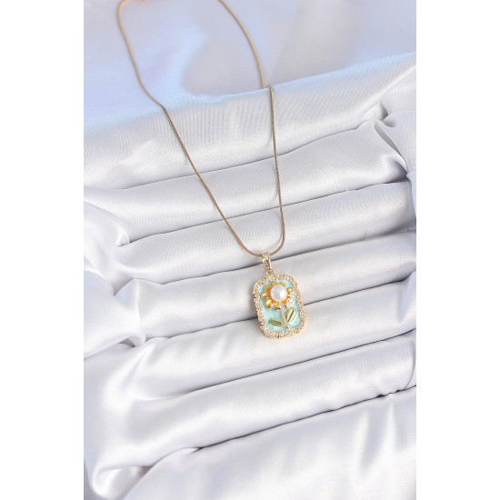 316L Çelik Gold Renk Zincir Mavi Mineli İncili Papatya İşlemeli Portre Model Kadın Kolye - TJ-BKO10199
