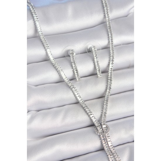 Pirinç Gümüş Renk Su Yolu Zirkon Taşlı VIP Seri Kadın Kolye Seti - TJ-BKO10200