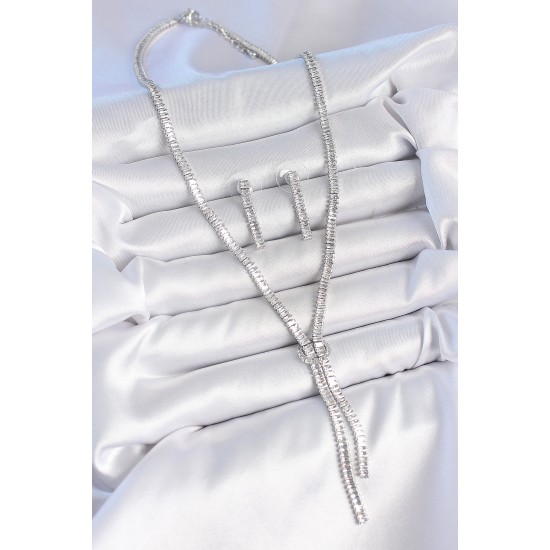 Pirinç Gümüş Renk Su Yolu Zirkon Taşlı VIP Seri Kadın Kolye Seti - TJ-BKO10200