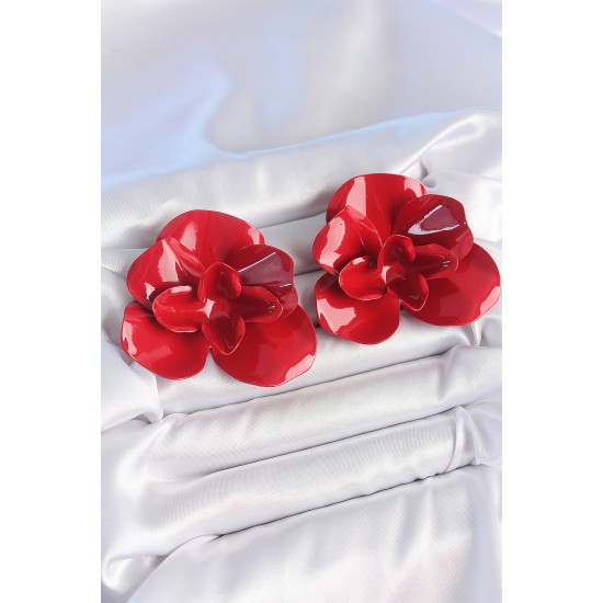 Pirinç Kırmızı Renk Gül Model Kadın Küpe - TJ-BKP10498