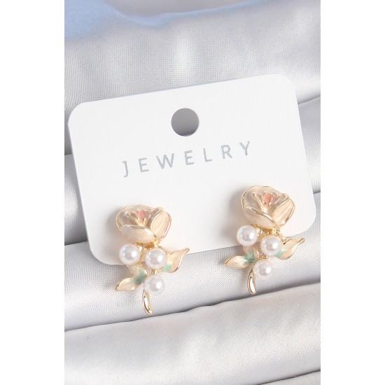 Pirinç Gold Renk Beyaz Mineli İnci Detay Gül Model Kadın Küpe - TJ-BKP10499