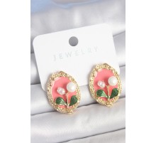 Pirinç Gold Renk Pembe Mineli İncili Çiçek İşlemli Portre Model Kadın Küpe - TJ-BKP10500