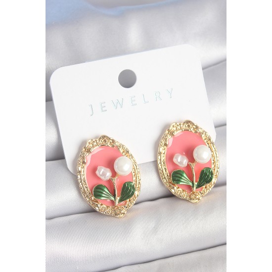 Pirinç Gold Renk Pembe Mineli İncili Çiçek İşlemli Portre Model Kadın Küpe - TJ-BKP10500