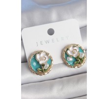 Pirinç Gold Renk Mavi Mineli İncili Çiçek İşlemeli Portre Model Kadın Küpe - TJ-BKP10501