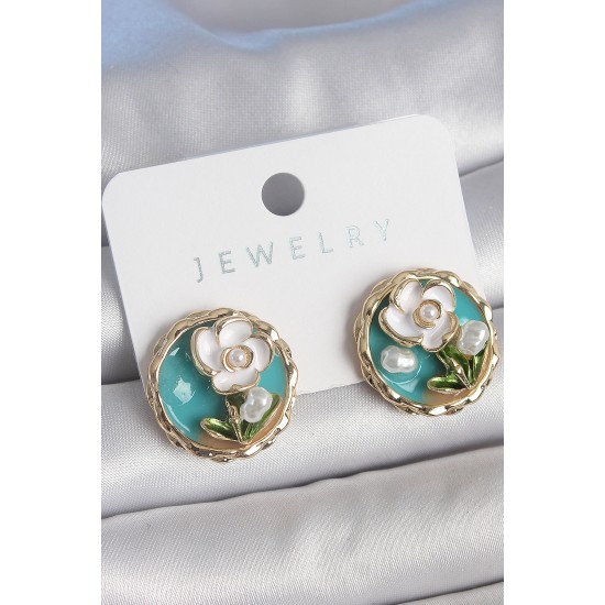 Pirinç Gold Renk Mavi Mineli İncili Çiçek İşlemeli Portre Model Kadın Küpe - TJ-BKP10501