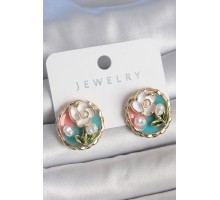 Pirinç Gold Renk Mix Renk Mineli İncili Çiçek İşlemeli Portre Model Kadın Küpe - TJ-BKP10502