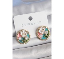 Pirinç Gold Renk Mix Renk Mineli İncili Çiçek İşlemeli Portre Model Kadın Küpe - TJ-BKP10502