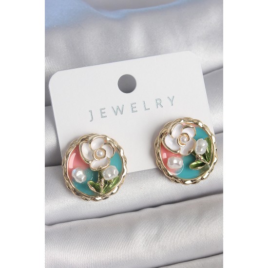 Pirinç Gold Renk Mix Renk Mineli İncili Çiçek İşlemeli Portre Model Kadın Küpe - TJ-BKP10502