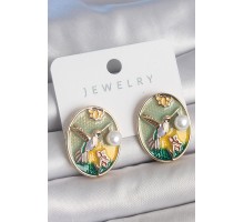 Pirinç Gold Renk Mix Renk Mineli İncili Sinek Kuşu İşlemeli Portre Model Kadın Kolye - TJ-BKP10503