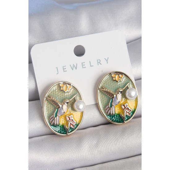 Pirinç Gold Renk Mix Renk Mineli İncili Sinek Kuşu İşlemeli Portre Model Kadın Kolye - TJ-BKP10503