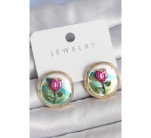 Pirinç Gold Renk Mix Renk Mineli Çiçek İşlemeli Portre Model Kadın Küpe - TJ-BKP10504