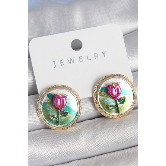 Pirinç Gold Renk Mix Renk Mineli Çiçek İşlemeli Portre Model Kadın Küpe - TJ-BKP10504