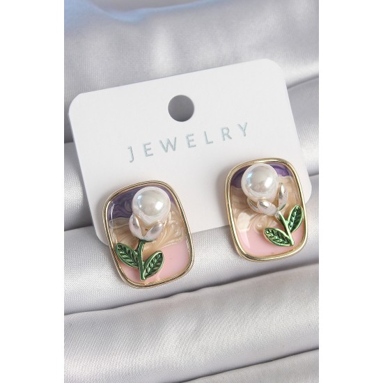 Pirinç Gold Renk Mix Renk Mineli İncili Çiçek Model Portre Model Kadın Küpe - TJ-BKP10505