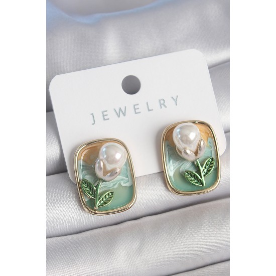 Pirinç Gold Renk Mix Renk Mineli İncili Çiçek Mineli Portre Model Kadın Küpe - TJ-BKP10506