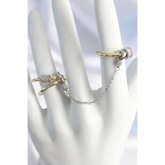 Pirinç Mix Renk Zirkon Taşlı Zincir Kadın Yüzük Seti - TJ-BYK3753