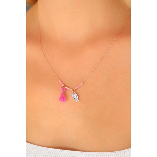 Nazar Boncuklu Pembe Renk Taşlı Rose Bayan Kolye - TJ-BKO4372