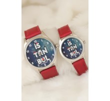 Bordo Renk Deri Kordonlu İstanbul Tasarımlı Sevgili Saatleri - TJ-SGK1367