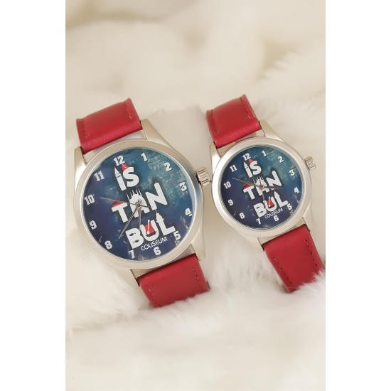 Bordo Renk Deri Kordonlu İstanbul Tasarımlı Sevgili Saatleri - TJ-SGK1367