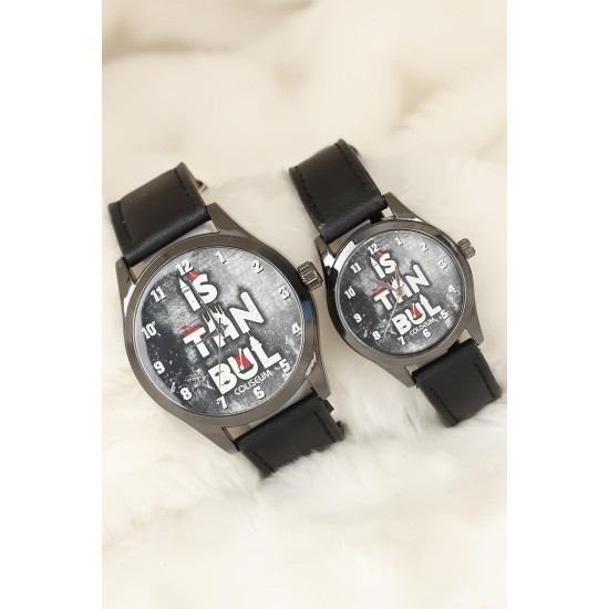 Siyah Renk Deri Kordonlu İstanbul Tasarımlı Sevgili Saatleri - TJ-SGK1369