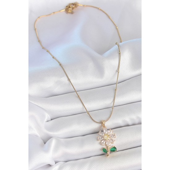 316L Çelik Gold Renk Minimal Topçuk Zincir Zirkon Taşlı Papatya Model Kadın Kolye - TJ-BKO10204