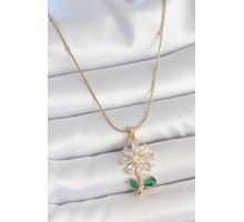 316L Çelik Gold Renk Minimal Topçuk Zincir Zirkon Taşlı Papatya Model Kadın Kolye - TJ-BKO10204