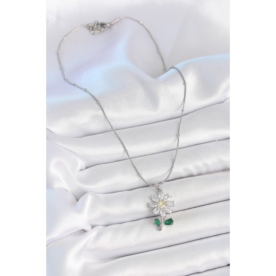316L Çelik Gümüş Renk Minimal Topçuk Zincir Zirkon Taşlı Papatya Model Kadın Kolye - TJ-BKO10205