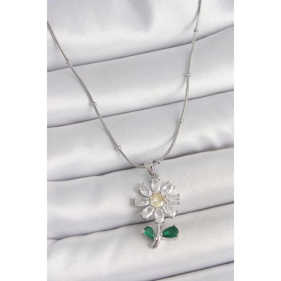 316L Çelik Gümüş Renk Minimal Topçuk Zincir Zirkon Taşlı Papatya Model Kadın Kolye - TJ-BKO10205