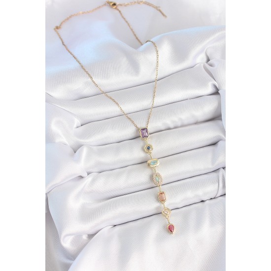 316L Çelik Gold Renk Zincir Zirkon Taşlı Y Model Dekolte Kadın Kolye - TJ-BKO10206