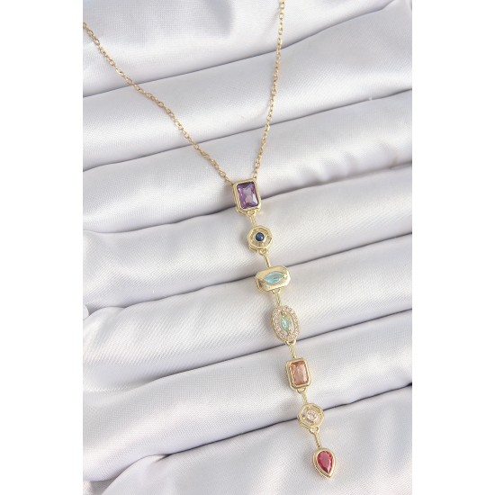 316L Çelik Gold Renk Zincir Zirkon Taşlı Y Model Dekolte Kadın Kolye - TJ-BKO10206