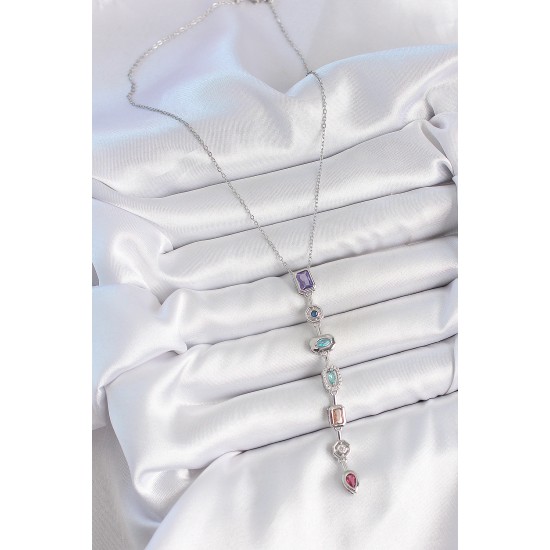 316L Çelik Gümüş Renk Zincir Zirkon Taşlı Y Model Dekolte Kadın Kolye - TJ-BKO10207