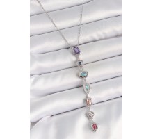 316L Çelik Gümüş Renk Zincir Zirkon Taşlı Y Model Dekolte Kadın Kolye - TJ-BKO10207