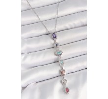 316L Çelik Gümüş Renk Zincir Zirkon Taşlı Y Model Dekolte Kadın Kolye - TJ-BKO10207