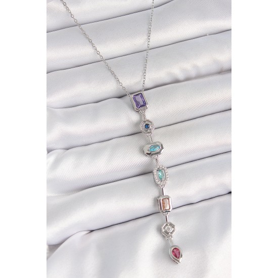 316L Çelik Gümüş Renk Zincir Zirkon Taşlı Y Model Dekolte Kadın Kolye - TJ-BKO10207