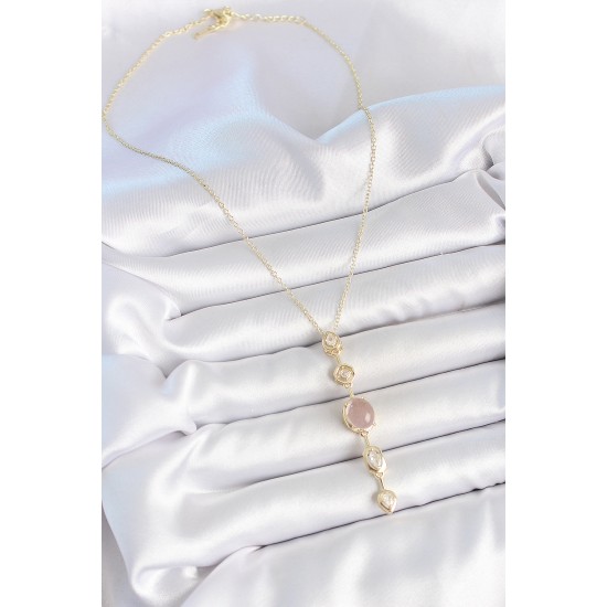 316L Çelik Gold Renk Zincir Zirkon Taşlı Pembe Mineli Y Model Dekolta Kadın Kolye - TJ-BKO10208