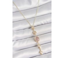 316L Çelik Gold Renk Zincir Zirkon Taşlı Pembe Mineli Y Model Dekolta Kadın Kolye - TJ-BKO10208