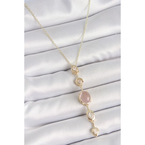316L Çelik Gold Renk Zincir Zirkon Taşlı Pembe Mineli Y Model Dekolta Kadın Kolye - TJ-BKO10208