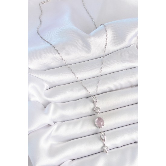 316L Çelik Gümüş Renk Zincir Zirkon Taşlı Pembe Sedefli Y Model Dekolte Kadın Kolye - TJ-BKO10209