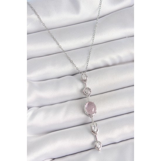 316L Çelik Gümüş Renk Zincir Zirkon Taşlı Pembe Sedefli Y Model Dekolte Kadın Kolye - TJ-BKO10209