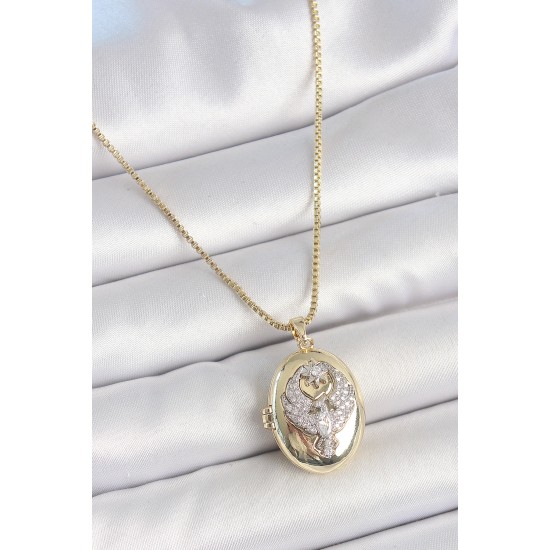 316L Çelik Gold Renk Zincir Zirkon Taşlı Anka Kuşu İşlemeli Açılır Model Kadın Kolye - TJ-BKO10213