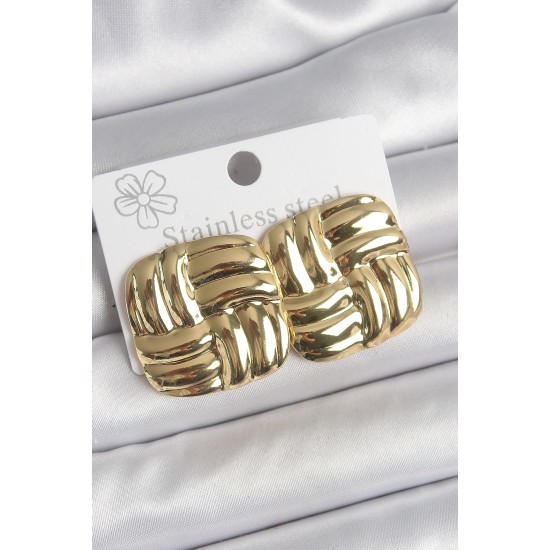 316 Çelik Gold Renk İşlemeli Kare Plaka Model Kadın Küpe - TJ-BKP10521